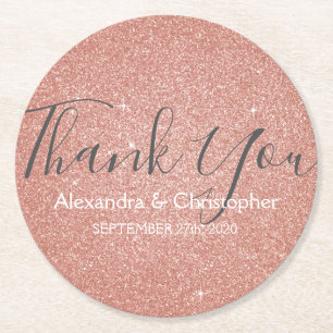 Pink Rose Gold Glitter and Sparkle Thank You Round Paper Coaster