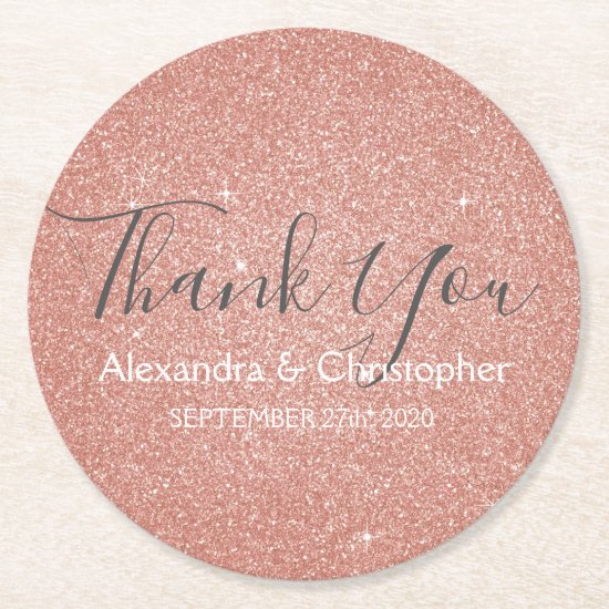 Pink Rose Gold Glitter and Sparkle Thank You Round Paper Coaster