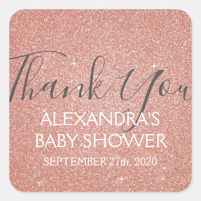 Pink Rose Gold Glitter and Sparkle Thank You Square Sticker | Zazzle