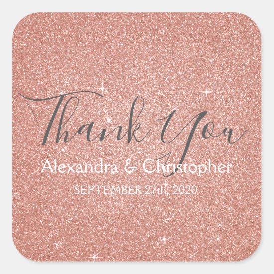 Pink Rose Gold Glitter and Sparkle Thank You Square Sticker