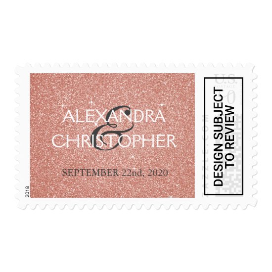 Pink Rose Gold Glitter and Sparkle Wedding Invite Postage