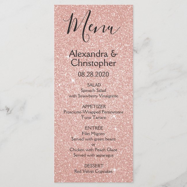 Pink Rose Gold Glitter and Sparkle Wedding Menu
