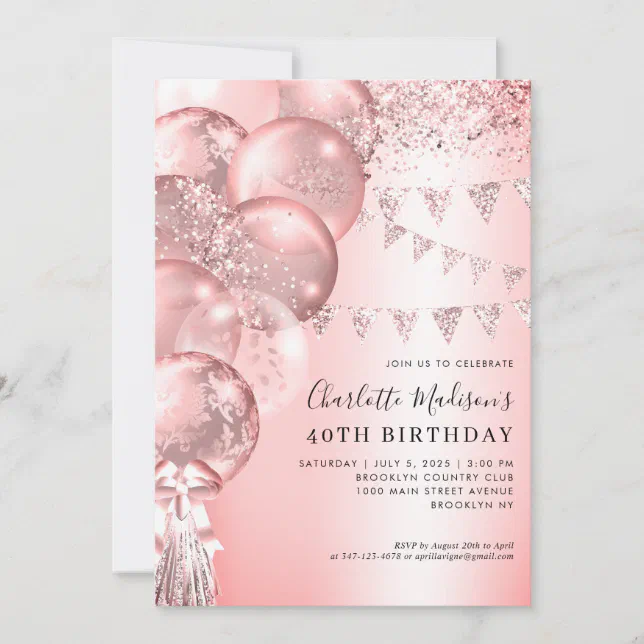 Pink Rose Gold Glitter Balloon Any Age Birthday Invitation Zazzle