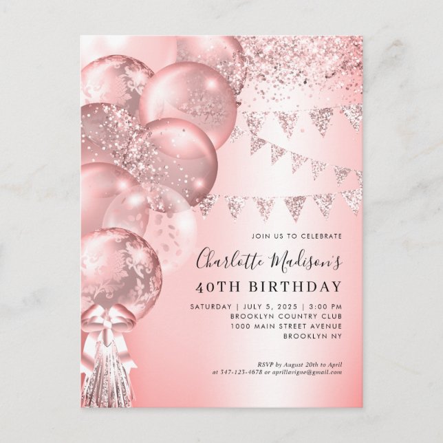 Pink Rose Gold Glitter Balloon Any Age Birthday Postcard (Front)