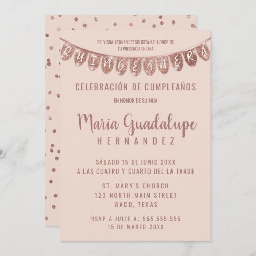 Pink Rose Gold Glitter Banner Espaol Quinceaera Invitation