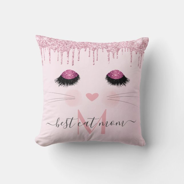 Pink rose gold glitter best cat mom  throw pillow (Front)