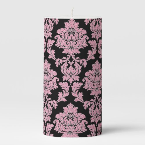 Pink Rose Gold glitter  black floral damask Pillar Candle