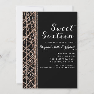 Pink Rose Gold Glitter & Black Glam Birthday Party Invitation