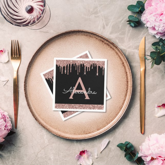 Pink Rose Gold Glitter Black Monogram Birthday Napkins (Creator Uploaded)