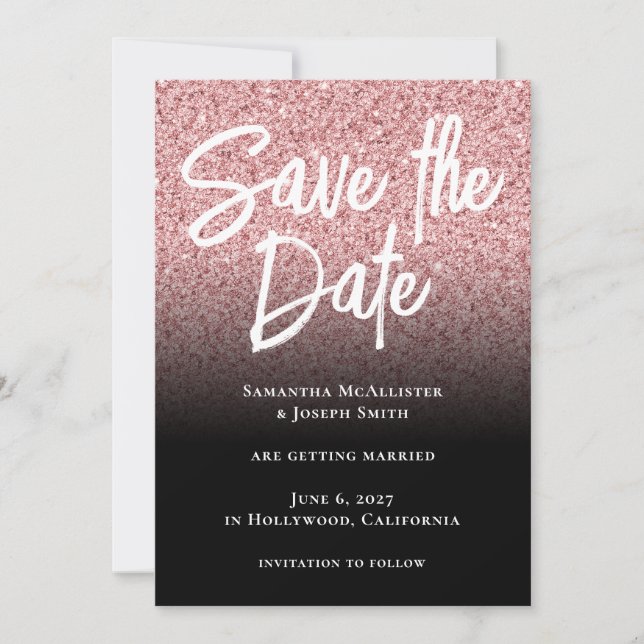 Pink Rose Gold Glitter Black Ombre Save The Date (Front)