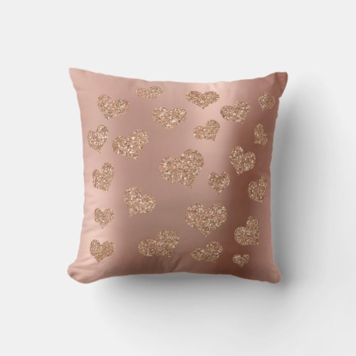 Pink Rose Gold Glitter Blush Heart Copper Metallic Throw Pillow