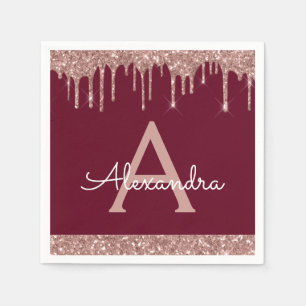 Pink Rose Gold Glitter Burgundy Monogram Birthday Napkins