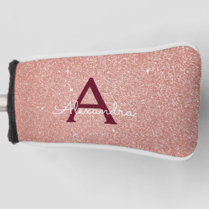 Pink Rose Gold Glitter Burgundy Sparkle Monogram Golf Head Cover