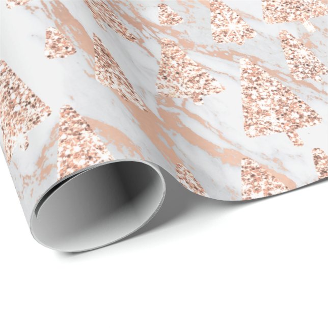 Pink Rose Gold Glitter Christmas Tree Marble White Wrapping Paper (Roll Corner)