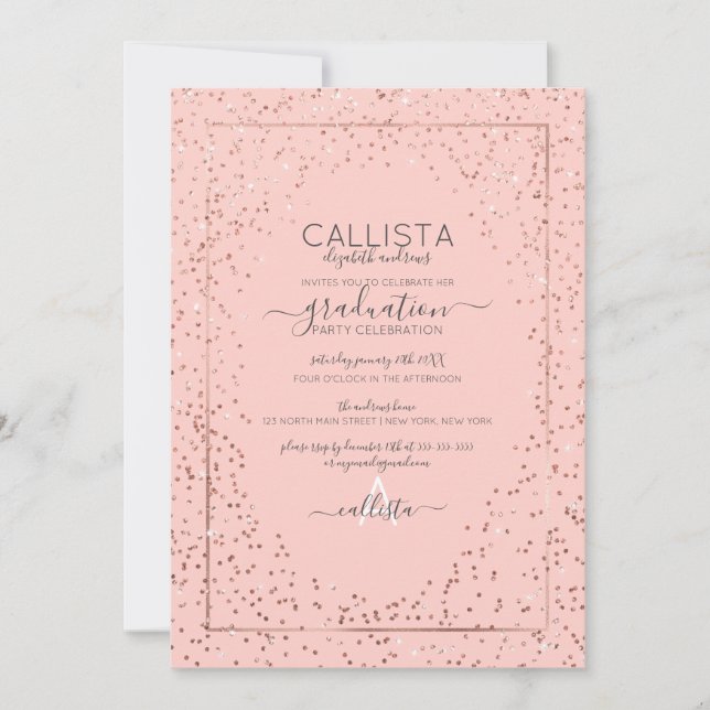 Pink Rose Gold Glitter Confetti Border Graduation Invitation (Front)