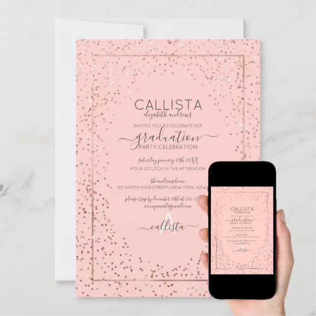 Pink Rose Gold Glitter Confetti Border Graduation Invitation | Zazzle