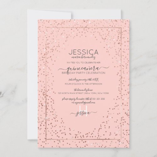 Pink Rose Gold Glitter Confetti Border Quinceaera Invitation