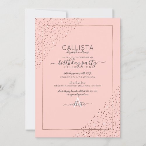 Pink Rose Gold Glitter Confetti Corners Birthday Invitation