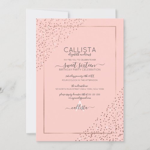 Pink Rose Gold Glitter Confetti Corners Sweet 16 Invitation