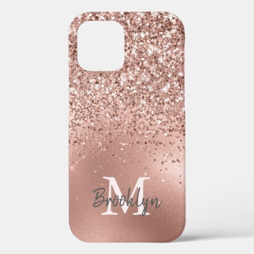 Pink Rose Gold Glitter Confetti Modern Monogrammed iPhone 12 Case