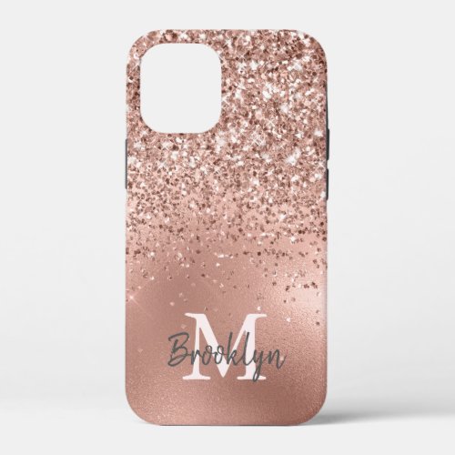 Pink Rose Gold Glitter Confetti Modern Monogrammed iPhone 12 Mini Case