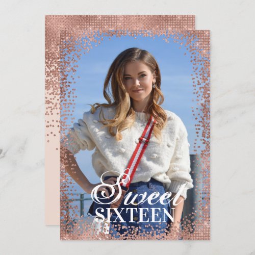 Pink Rose Gold Glitter Confetti Photo Sweet 16 Invitation