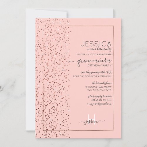 Pink Rose Gold Glitter Confetti Side Quinceaera Invitation