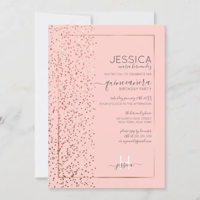 Pink Rose Gold Glitter Confetti Side Quinceañera Invitation 