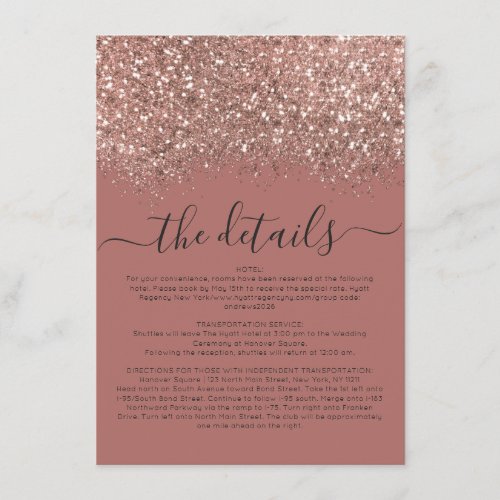 Pink Rose Gold Glitter Confetti Wedding Details Enclosure Card