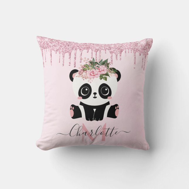 Pink rose gold glitter cute panda  throw pillow (Front)