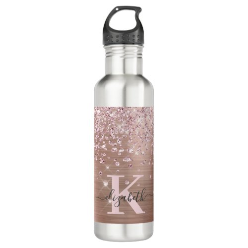 Pink Rose Gold Glitter Diamond Monogram Stainless  Stainless Steel Water Bottle