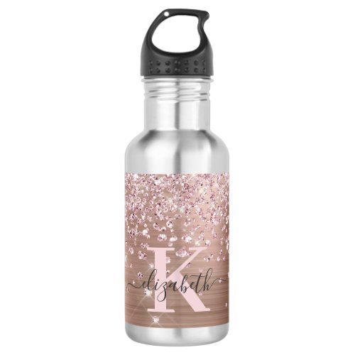 Pink Rose Gold Glitter Diamond Monogram Stainless Steel Water Bottle