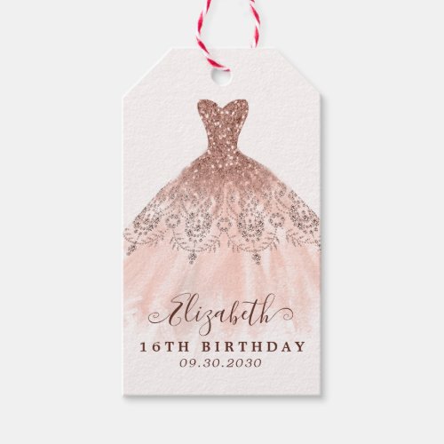 Pink Rose Gold Glitter Dress Birthday Thank You Gift Tags