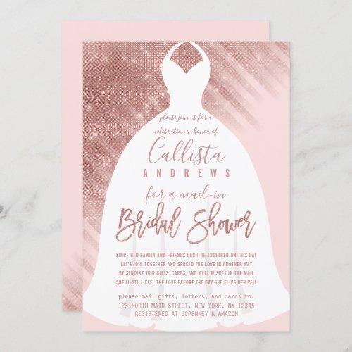 Pink Rose Gold Glitter Dress Bridal Shower by Mail Invitation