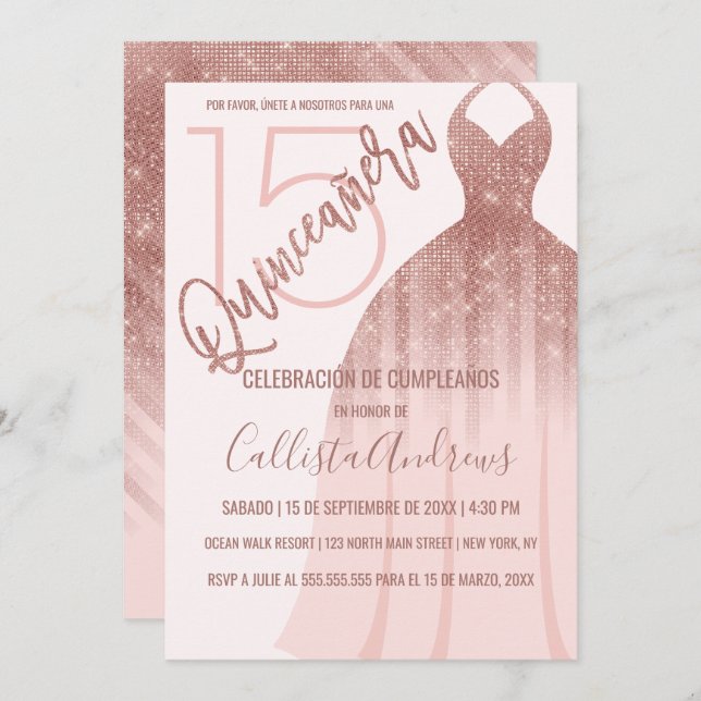 Pink Rose Gold Glitter Dress Español Quinceañera Invitation (Front/Back)
