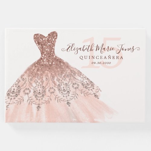 Pink Rose Gold Glitter Dress QUINCEAERA Birthday Guest Book