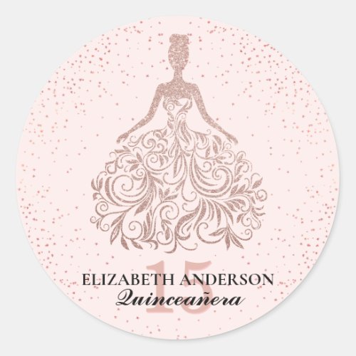 Pink Rose Gold Glitter Dress Sparkle Quinceaera Classic Round Sticker