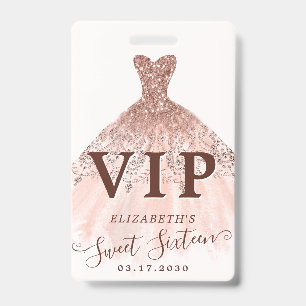 Pink Rose Gold Glitter Dress Sweet 16 VIP Birthday Badge