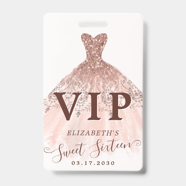 Pink Rose Gold Glitter Dress Sweet 16 VIP Birthday Badge (Front)