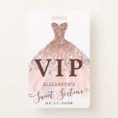 Pink Rose Gold Glitter Dress Sweet 16 VIP Birthday Badge (Front)
