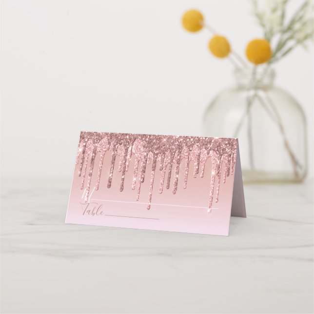 Pink Rose Gold Glitter Drip Elegant Personalized Place Card (Front)
