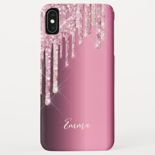 Pink rose gold glitter drip purple metallic name iPhone XS max case
