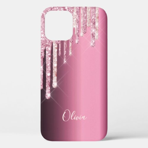 Pink rose gold glitter drip purple metallic name iPhone 12 case