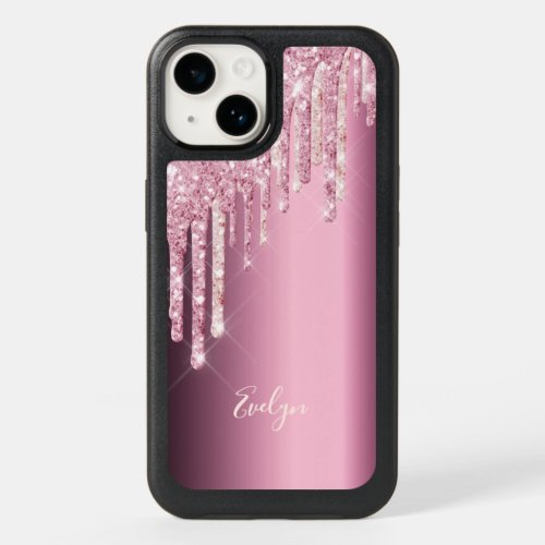 Pink rose gold glitter drip purple metallic name OtterBox iPhone 14 case