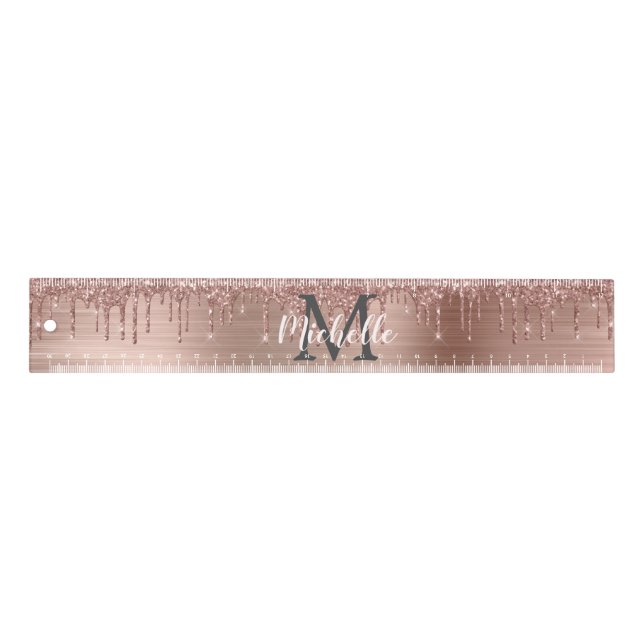  Pink Rose Gold Glitter Dripping Monogram Name  Ruler (Front)