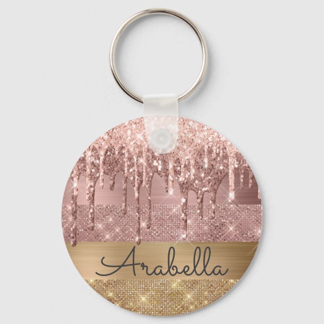 Pink Rose Gold Glitter Dripping Stripes Monogram Keychain (Front)