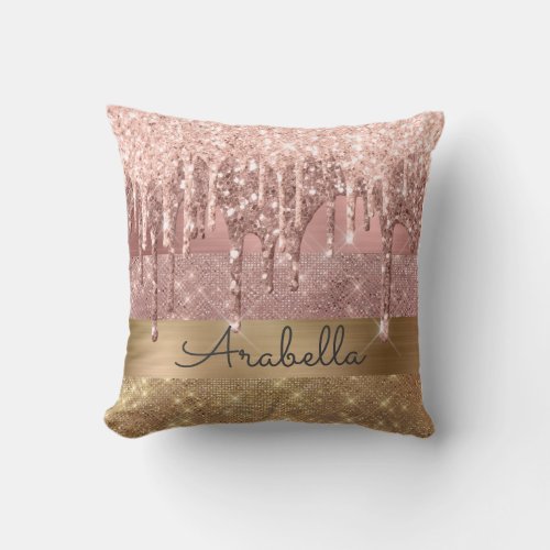 Pink Rose Gold Glitter Dripping Stripes Monogram Throw Pillow