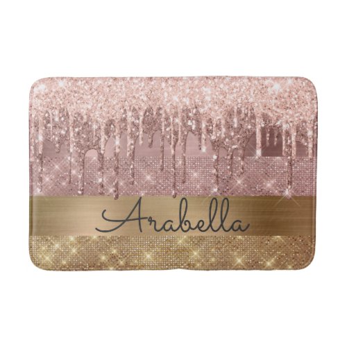 Pink Rose Gold Glitter Drips Custom Name Bath Mat