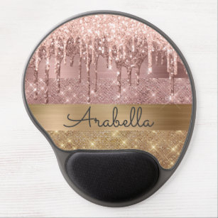 Pink Rose Gold Glitter Drips Custom Name Gel Mouse Pad