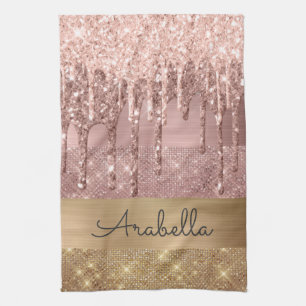 Pink Rose Gold Glitter Drips Custom Name Kitchen Towel